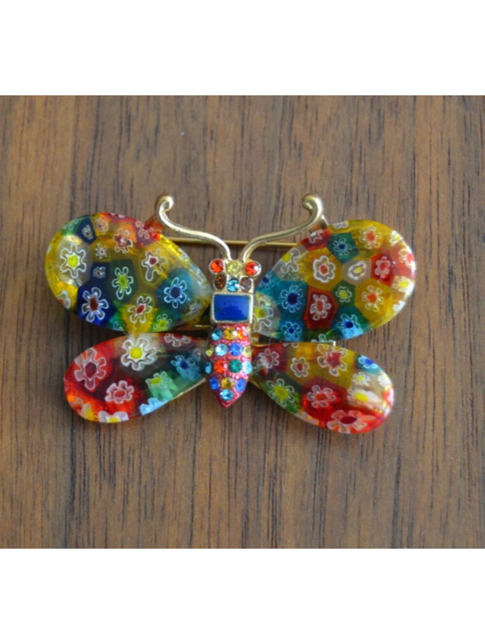Vintage Sweet Romance Murano Glass Butterfly Brooch Floral Gold Tone